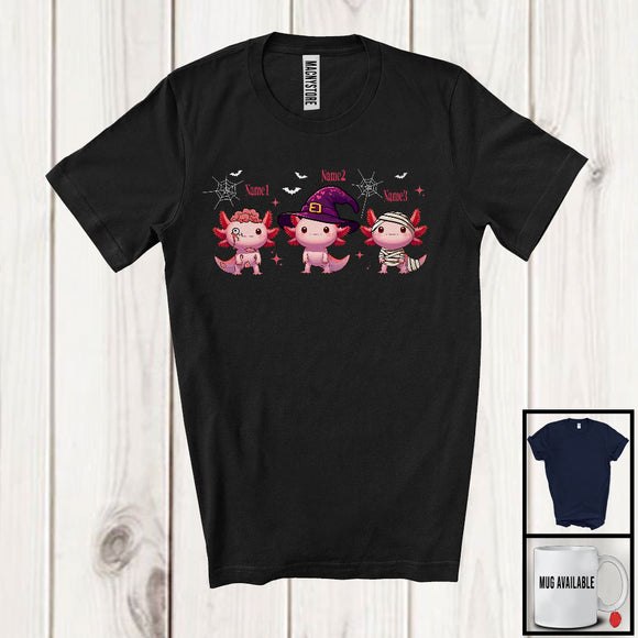 MacnyStore - Personalized Custom Name Three Zombie Witch Mummy Axolotl; Lovely Halloween Axolotl; Family T-Shirt