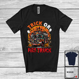 MacnyStore - Personalized Custom Name Trick Or Fire Truck; Creepy Halloween Moon Pumpkins; Firefighter T-Shirt