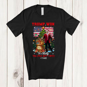 MacnyStore - Personalized Custom Name Trump Won Gift I Need; Amazing Christmas Tree US Flag; Trump Back 2024 T-Shirt