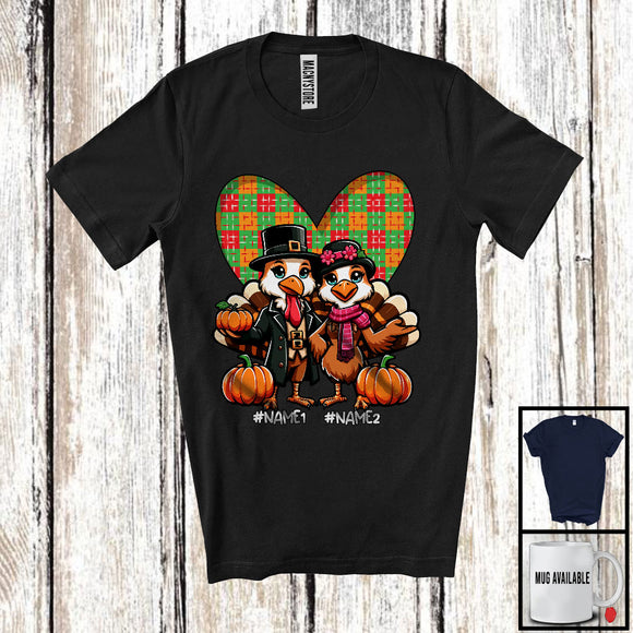 MacnyStore - Personalized Custom Name Turkey Couple, Lovely Thanksgiving Turkey Pumpkins, Plaid Heart Couple T-Shirt