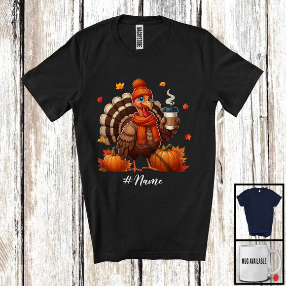 MacnyStore - Personalized Custom Name Turkey Drinking Coffee; Lovely Thanksgiving Pumpkin; Family Group T-Shirt