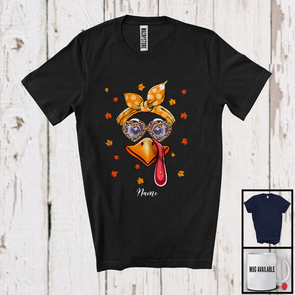 MacnyStore - Personalized Custom Name Turkey Face Leopard Sunglasses; Lovely Thanksgiving Fall Leaf; Family T-Shirt