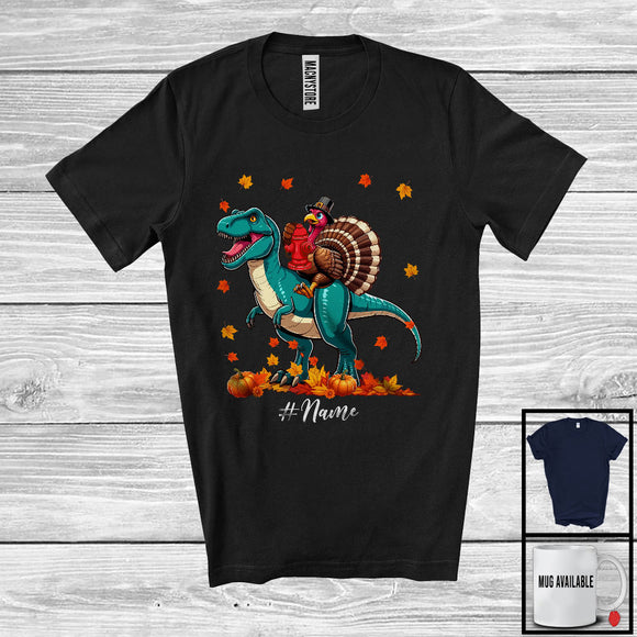 MacnyStore - Personalized Custom Name Turkey Firefighter Riding T-Rex; Amazing Thanksgiving Fall Leaf Jobs T-Shirt