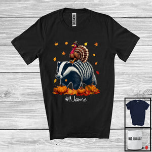 MacnyStore - Personalized Custom Name Turkey Riding Badger, Lovely Thanksgiving Pumpkins, Badger Lover T-Shirt