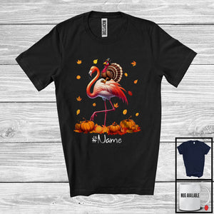 MacnyStore - Personalized Custom Name Turkey Riding Flamingo, Lovely Thanksgiving Pumpkins, Flamingo Lover T-Shirt