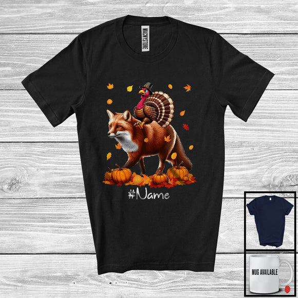 MacnyStore - Personalized Custom Name Turkey Riding Fox, Lovely Thanksgiving Pumpkins, Fox Lover T-Shirt