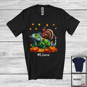 MacnyStore - Personalized Custom Name Turkey Riding Iguana, Lovely Thanksgiving Pumpkins, Iguana Lover T-Shirt