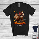 MacnyStore - Personalized Custom Name Turkey Riding Lion, Lovely Thanksgiving Pumpkins, Lion Lover T-Shirt