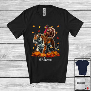 MacnyStore - Personalized Custom Name Turkey Riding Tiger, Lovely Thanksgiving Pumpkins, Tiger Lover T-Shirt