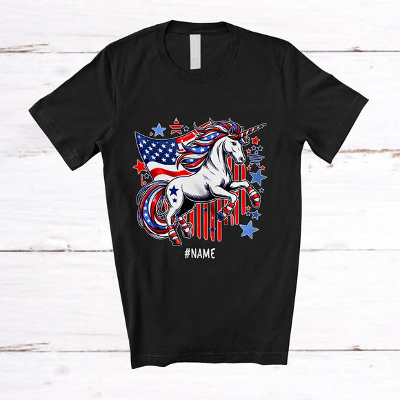 MacnyStore - Personalized Custom Name Unicorn 4th Of July; Lovely American Flag Unicorn Cosplay; Family T-Shirt