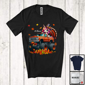 MacnyStore - Personalized Custom Name Unicorn Turkey On Monster Truck; Joyful Thanksgiving Fall Leaf T-Shirt