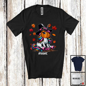 MacnyStore - Personalized Custom Name Unicorn With Pumpkin Face; Lovely Thanksgiving Fall Leaves T-Shirt