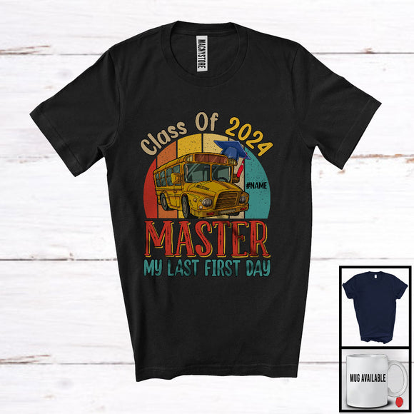 MacnyStore - Personalized Custom Name Vintage Retro Class Of 2024 Master My Last First Day, Proud Back To School Bus T-Shirt