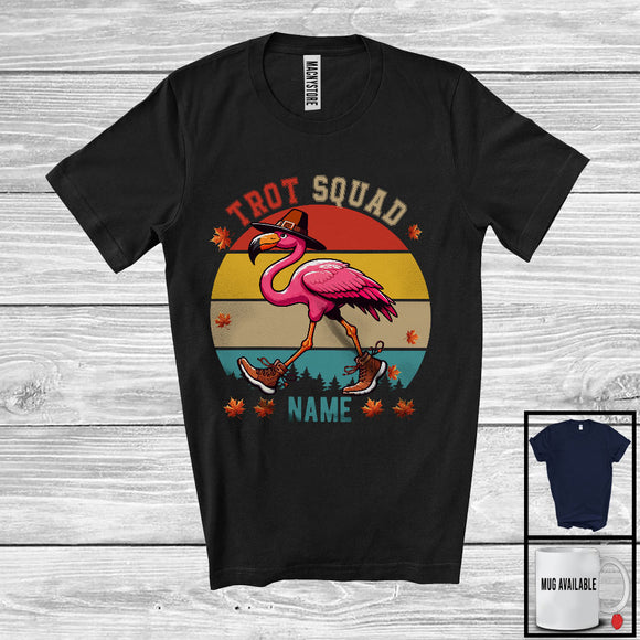 MacnyStore - Personalized Custom Name Vintage Retro Trot Squad, Humorous Thanksgiving Flamingo Marathon Running T-Shirt