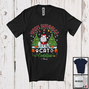 MacnyStore - Personalized Custom Name Warm Snuggles Cat Cuddles; Fantastic Christmas Lights Tree Plaid T-Shirt