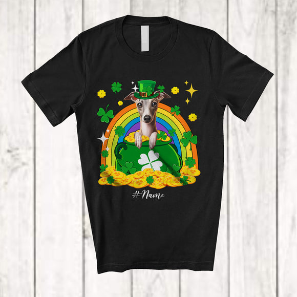 MacnyStore - Personalized Custom Name Whippet Leprechaun In Pot Of Gold; Lovely St. Patrick's Day Rainbow T-Shirt