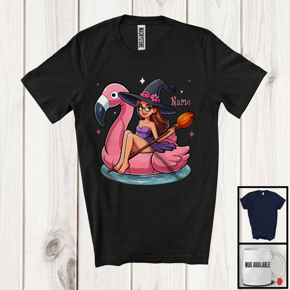 MacnyStore - Personalized Custom Name Witch On Flamingo Float; Adorable Halloween Summer Swimming T-Shirt