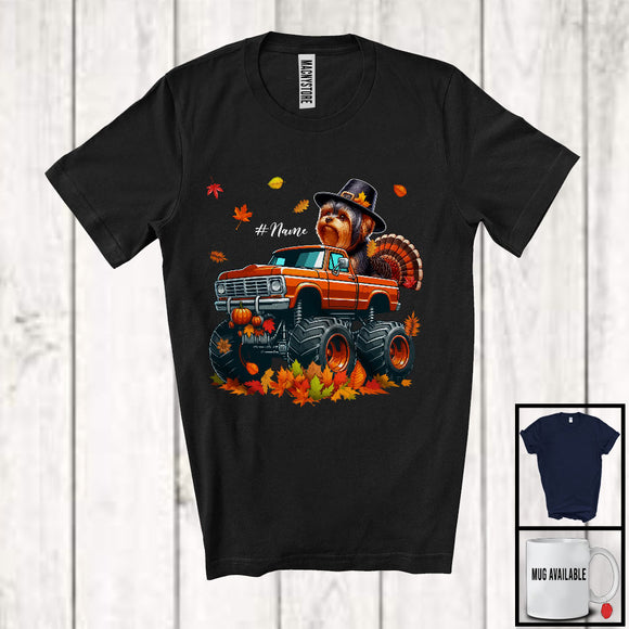 MacnyStore - Personalized Custom Name Yorkshire Terrier On Monster Truck; Joyful Thanksgiving Fall Leaf T-Shirt