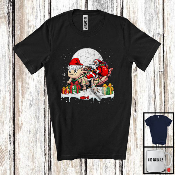 MacnyStore - Personalized Custom Name Santa Riding Axolotl; Lovely Christmas Lights Moon Santa Axolotl Lover T-Shirt