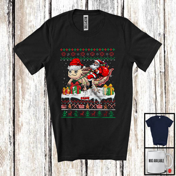 MacnyStore - Personalized Custom Name Santa Riding Axolotl; Lovely Christmas Lights Sweater Santa Axolotl Lover T-Shirt