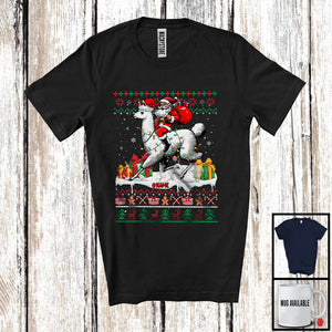 MacnyStore - Personalized Custom Name Santa Riding Llama; Lovely Christmas Lights Sweater Santa Llama Lover T-Shirt