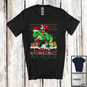 MacnyStore - Personalized Custom Name Santa Riding T-Rex; Lovely Christmas Lights Sweater Santa T-Rex Lover T-Shirt