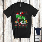 MacnyStore - Personalized Custom Name Santa Riding T-Rex; Lovely Christmas Lights Sweater Santa T-Rex Lover T-Shirt