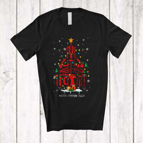 MacnyStore - Personalized Custom Text Mechanic Equipments Christmas Tree; Amazing X-mas Lights Family T-Shirt