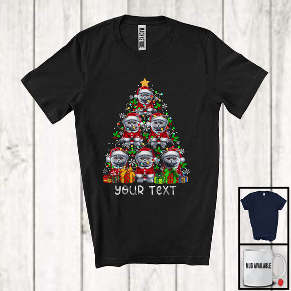 MacnyStore - Personalized Custom Text Santa British Shorthair Christmas Tree; Joyful X-mas Lights Family T-Shirt