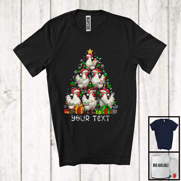 MacnyStore - Personalized Custom Text Santa Chicken Christmas Tree; Joyful X-mas Lights Farm Farmer T-Shirt