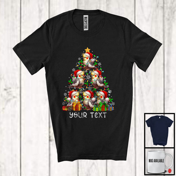 MacnyStore - Personalized Custom Text Santa Cockatiel Christmas Tree; Joyful X-mas Lights Birds T-Shirt