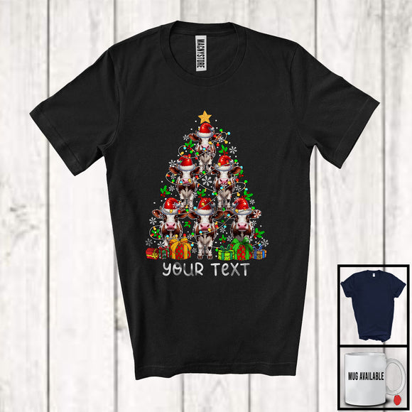 MacnyStore - Personalized Custom Text Santa Cow Christmas Tree; Joyful X-mas Lights Farm Farmer T-Shirt