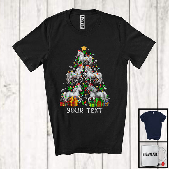 MacnyStore - Personalized Custom Text Santa Horse Christmas Tree; Joyful X-mas Lights Farm Farmer T-Shirt