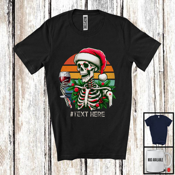 MacnyStore - Personalized Custom Text Vintage Retro Santa Skeleton Wine Glass; Merry Christmas Drinking Drunker T-Shirt