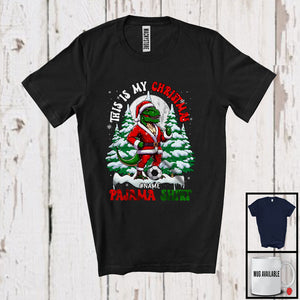 MacnyStore - Personalized Custom This Is My Christmas Pajama Shirt; Joyful Santa T-Rex Playing Soccer Sports T-Shirt