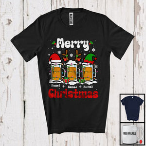 MacnyStore - Personalized Custom Three Names Merry Christmas; Cheerful Three Beer Glasses; Drinking T-Shirt