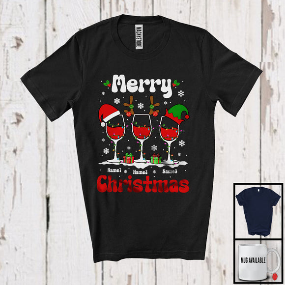 MacnyStore - Personalized Custom Three Names Merry Christmas; Cheerful Three Wine Glasses; Drinking T-Shirt