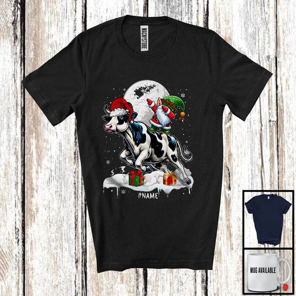 MacnyStore - Personalized Dabbing Gnome Riding Cow; Cheerful Christmas Custom Name Santa Farm; Farmer T-Shirt