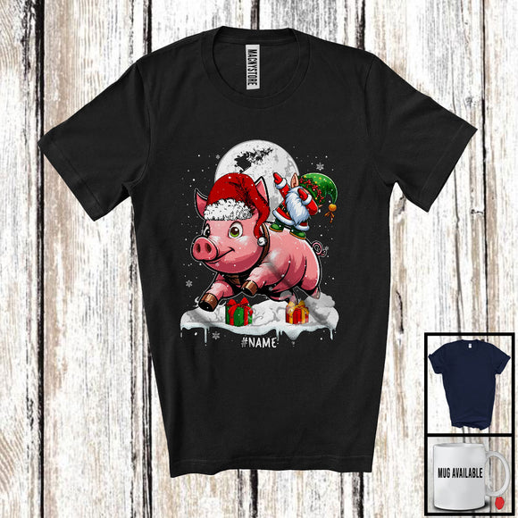 MacnyStore - Personalized Dabbing Gnome Riding Pig; Cheerful Christmas Custom Name Santa Farm; Farmer T-Shirt