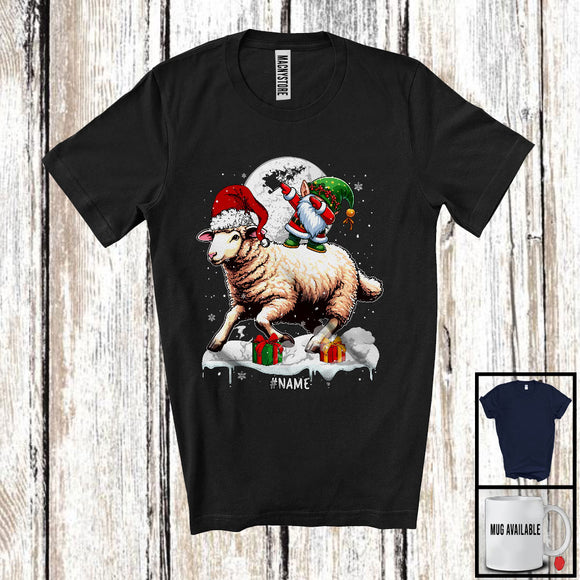 MacnyStore - Personalized Dabbing Gnome Riding Sheep; Cheerful Christmas Custom Name Santa Farm; Farmer T-Shirt