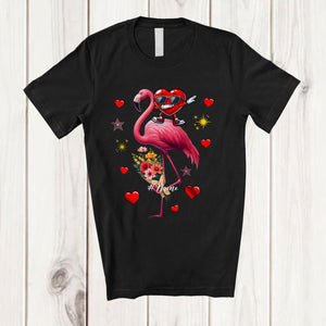 MacnyStore - Personalized Dabbing Heart Riding Flamingo; Fantastic Valentine Hearts Flowers; Custom Name Couple T-Shirt