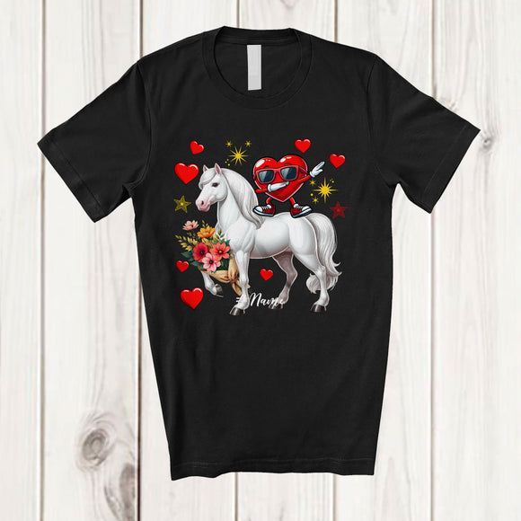 MacnyStore - Personalized Dabbing Heart Riding Horse; Fantastic Valentine Hearts Flowers; Custom Name Couple T-Shirt