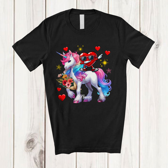 MacnyStore - Personalized Dabbing Heart Riding Unicorn; Fantastic Valentine Hearts Flowers; Custom Name Couple T-Shirt