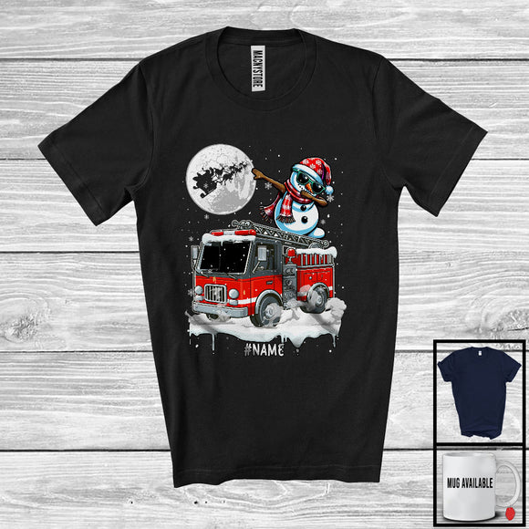 MacnyStore - Personalized Dabbing Snowman On Fire Truck; Joyful Christmas Custom Name; Fire Truck Driver T-Shirt