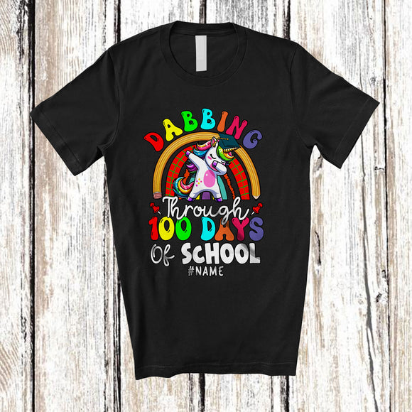 MacnyStore - Personalized Dabbing Through 100 Days Of School; Joyful Custom Name Unicorn Student Teacher T-Shirt