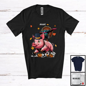 MacnyStore - Personalized Dabbing Turkey Riding Pig; Humorous Thanksgiving Farm; Custom Name Farmer T-Shirt