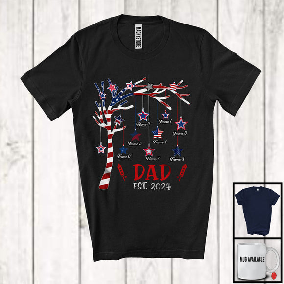 MacnyStore - Personalized Dad Est 2024, Lovely 4th Of July Custom Name Son Daughter On Tree, Family Patriotic T-Shirt