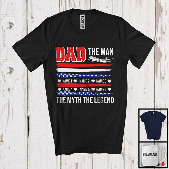 MacnyStore - Personalized Dad The Myth Legend, Proud Father's Day Custom Name Pilot, US Flag Airplane T-Shirt