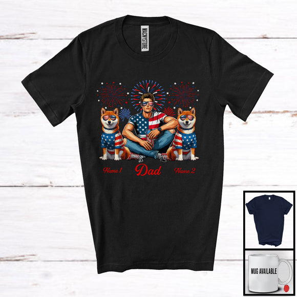 MacnyStore - Personalized Dad With Two Custom Name Shiba Inu, Amazing 4th Of July Fireworks Patriotic T-Shirt