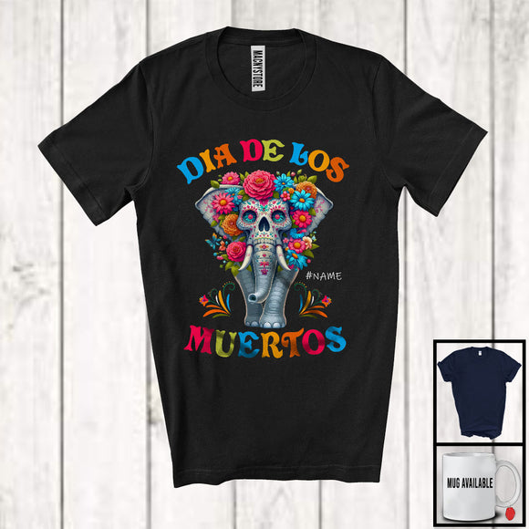 MacnyStore - Personalized Dia De Los Muertos; Adorable Flowers Sugar Skull Elephant Custom Name; Mexican Family T-Shirt